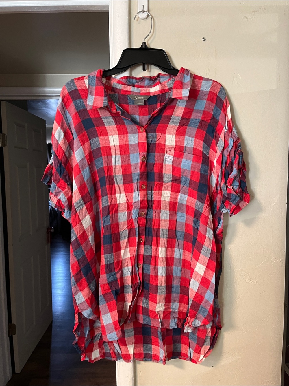 Natural Reflections Red Navy White Plaid Button-Down Shirt